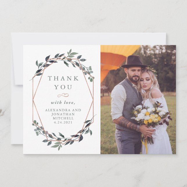 Greenery Geo | Rose Gold Wedding Photo Thank You Card (Front)