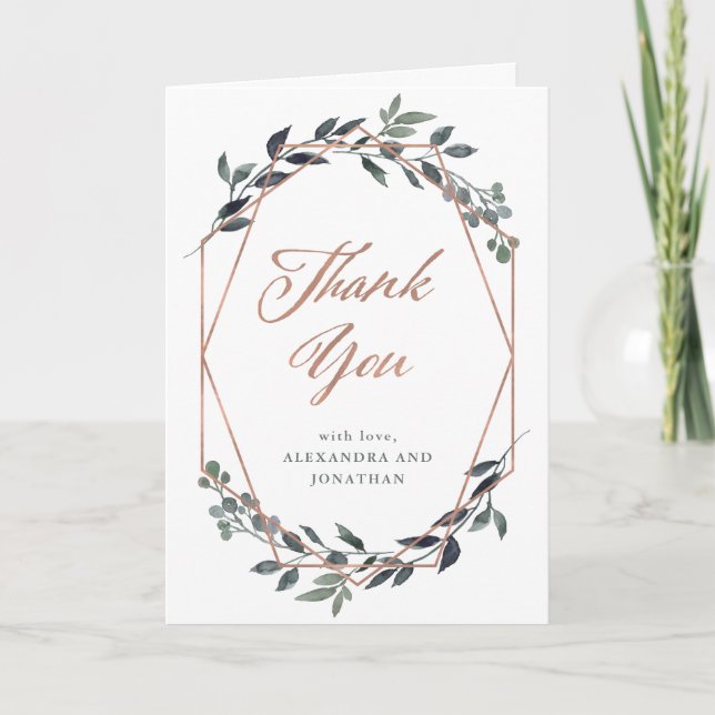 Greenery Geo | Rose Gold Wedding Thank You Card (Front)