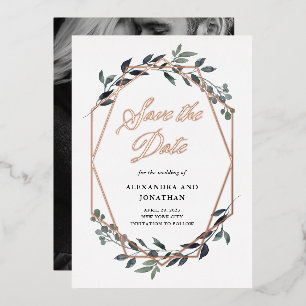 Greenery Geo White   Rose Gold Save The Date