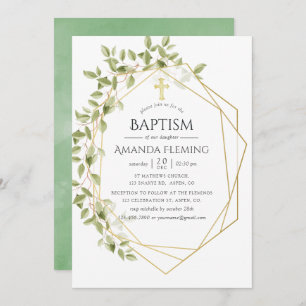 Greenery Geometric Baptism or Christening Invitation