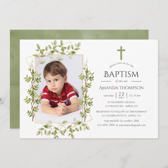 Greenery Geometric Baptism or Christening Invitation (Front/Back)