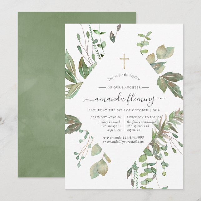 Greenery Geometric Baptism or Christening Invitation (Front/Back)