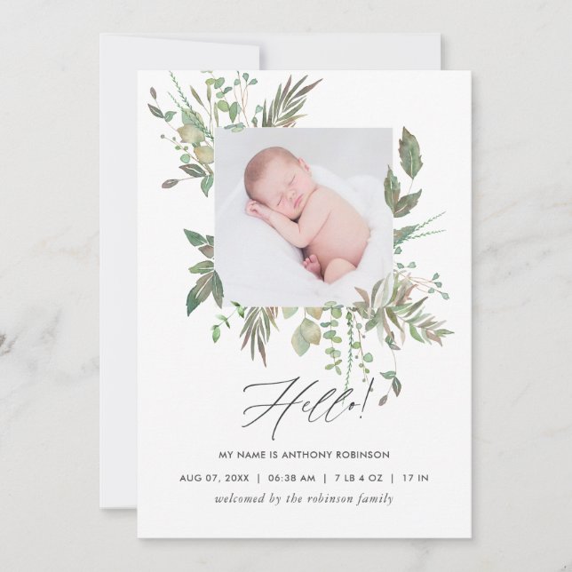 Greenery Geometric Birth Announcement Photo Card (Front)
