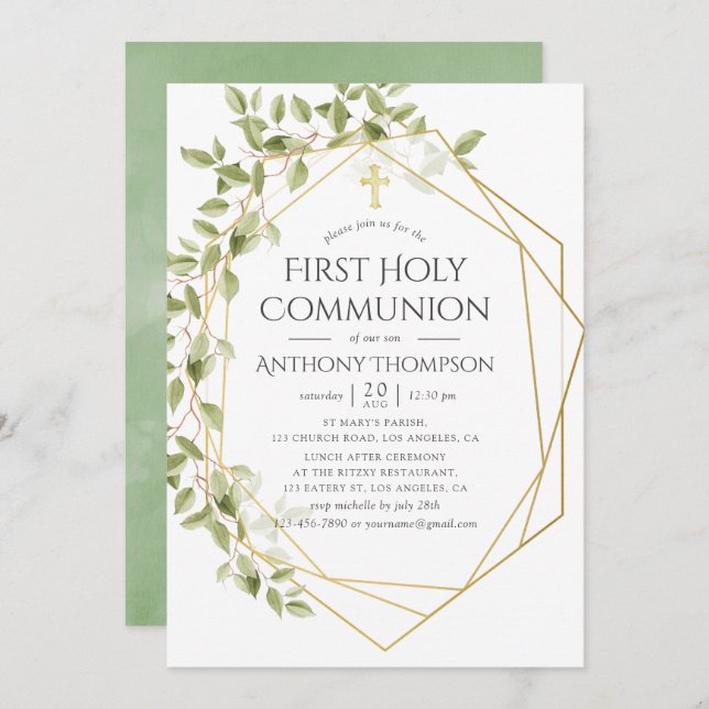 Greenery Geometric First Holy Communion Invitation (Front/Back)