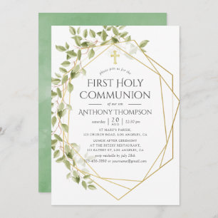 Greenery Geometric First Holy Communion Invitation