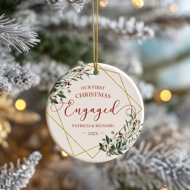 Greenery Geometric Our First Christmas Engaged Ceramic Tree Decoration (Creator Uploaded)