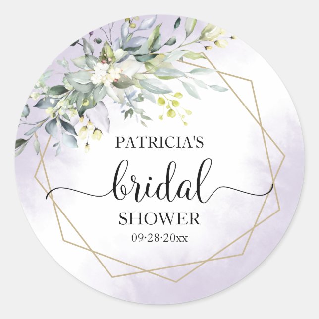 Greenery Geometric Purple Lavender Bridal Shower Classic Round Sticker (Front)