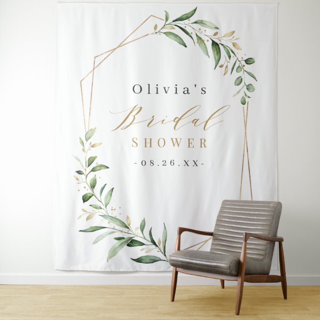 Greenery Geometric Rustic Bridal Shower Photo Tapestry (In Situ)