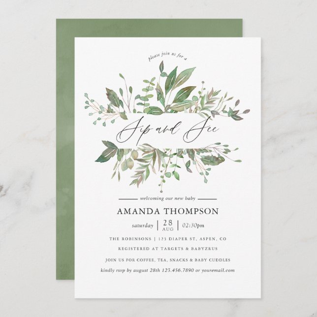 Greenery Geometric Sip and See Invitation (Front/Back)