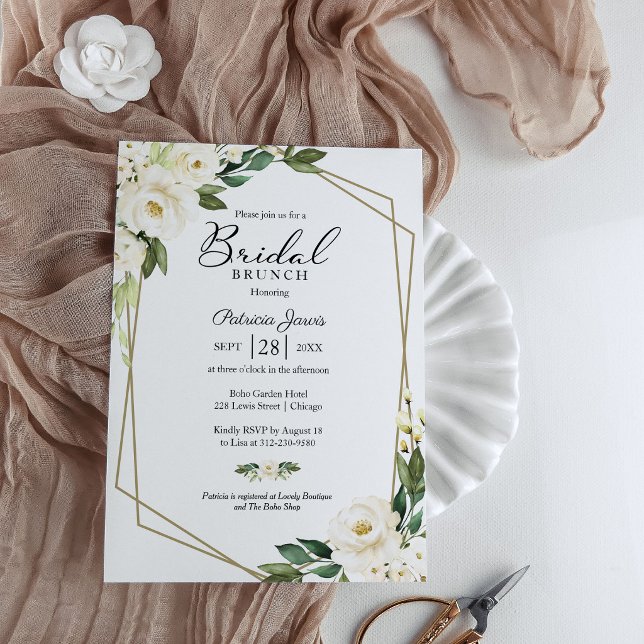 Greenery Geometric White Floral Bridal Brunch Invitation (Creator Uploaded)