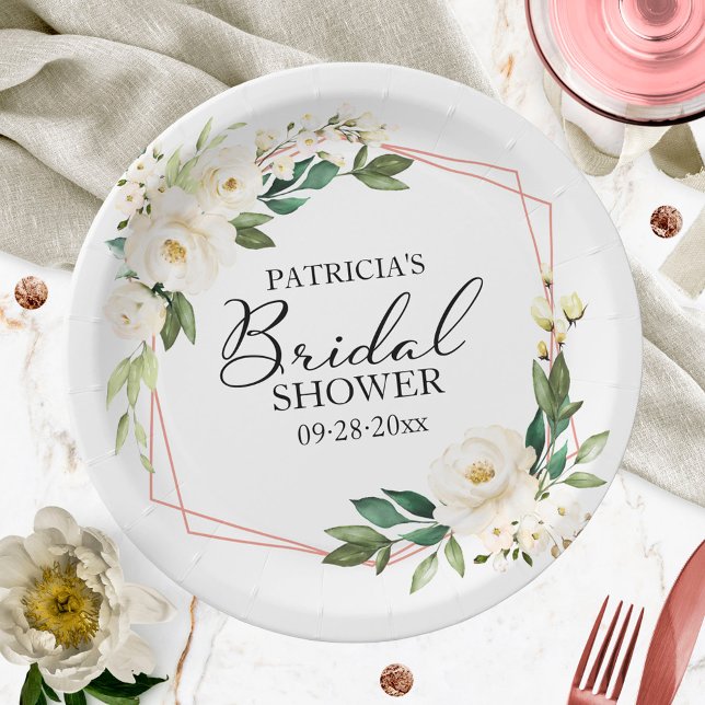 Greenery Geometric White Floral Bridal Shower Pape Paper Plate (Creator Uploaded)