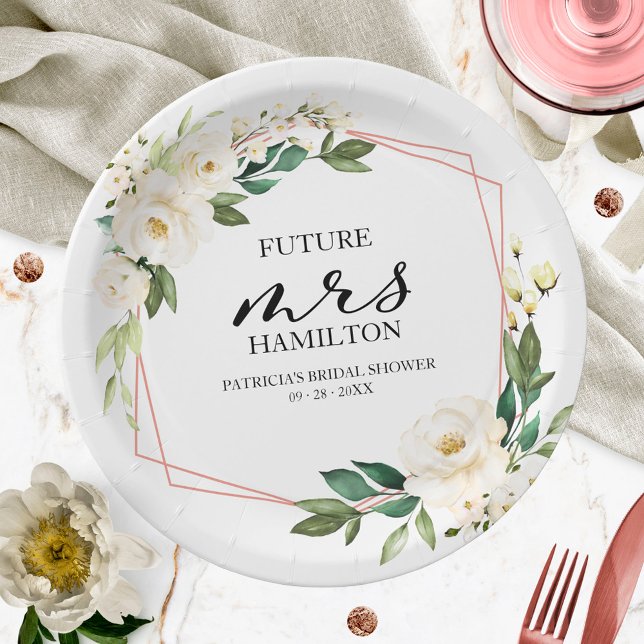 Greenery Geometric White Floral  Bridal Shower Paper Plate (Creator Uploaded)