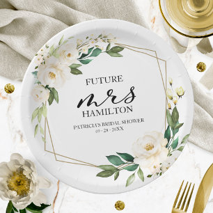 Greenery Geometric White Floral Bridal Shower Paper Plate