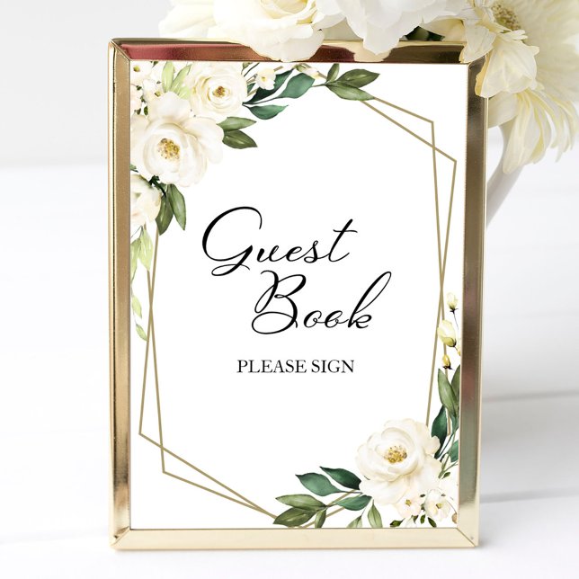 Greenery Geometric White Floral Guest Book Sign (Creator Uploaded)
