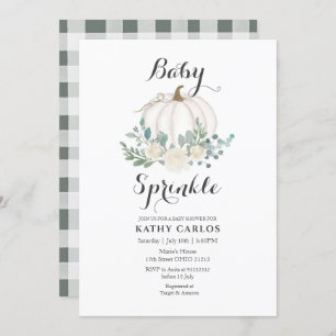 Greenery Gingham White Pumpkin Baby Sprinkle Invitation