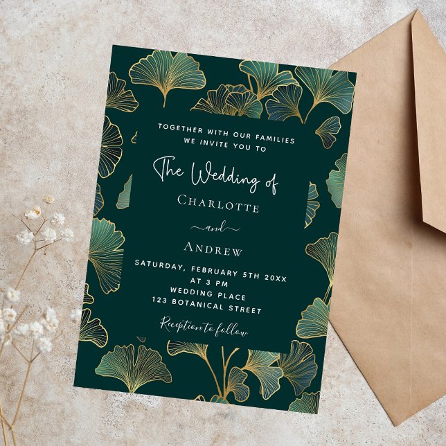 Greenery ginkgo leaves gold luxury wedding invitation (Creator Uploaded)