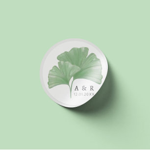 Greenery Ginkgo Tree Watercolor Wedding Monogram Classic Round Sticker