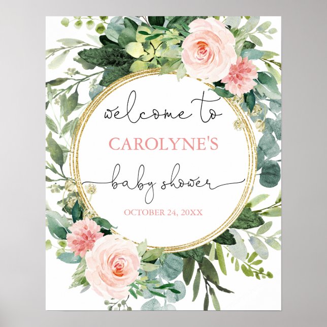 Greenery girl pink baby shower welcome sign (Front)