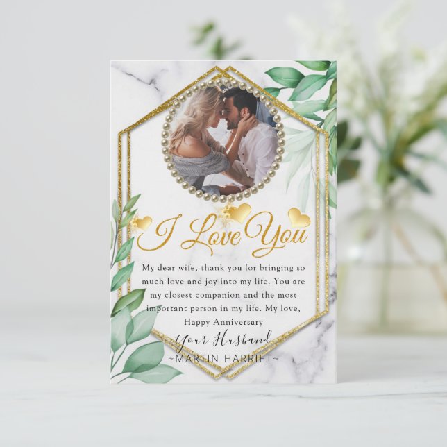 Greenery Glitter Photo Wife Anniversary Card (Standing Front)