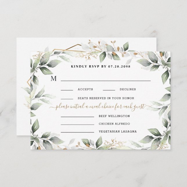 Greenery & Gold 3 Three Meal Choice Rustic Wedding RSVP Card (Front/Back)