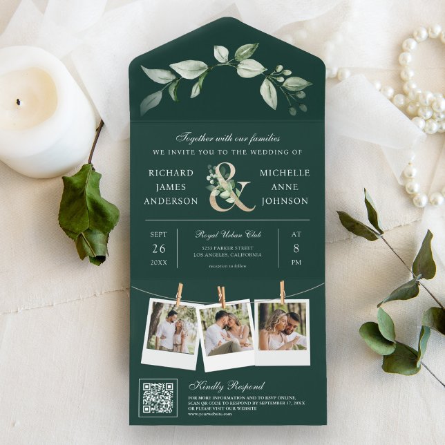 Greenery Gold Ampersand QR Code Emerald Wedding All In One Invitation (Creator Uploaded)