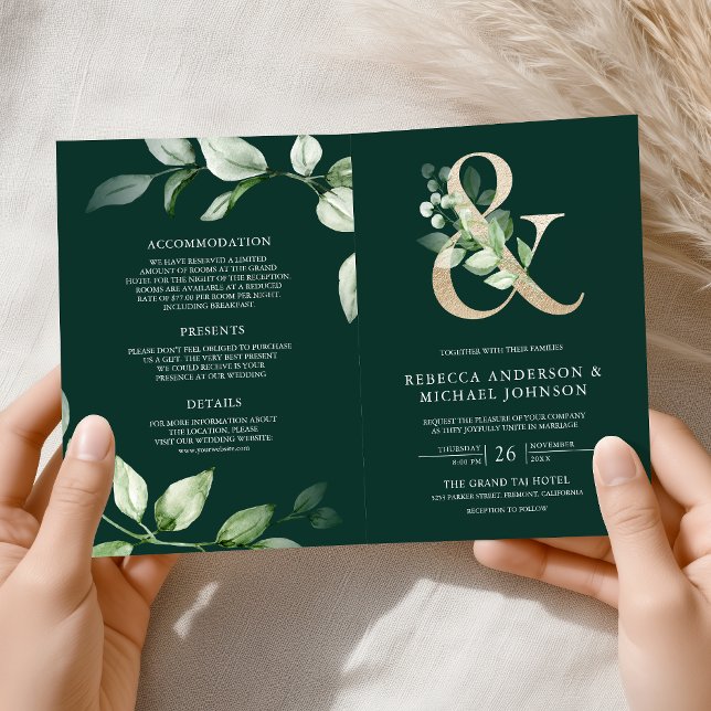 Greenery Gold Ampersand QR Code Emerald Wedding Invitation (Creator Uploaded)