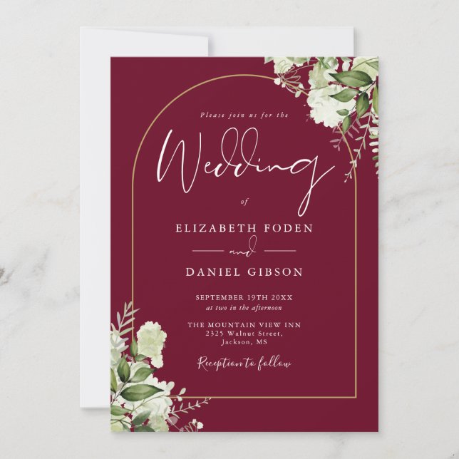 Greenery Gold Arch Monogram Burgundy Wedding Invitation (Front)