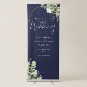 Greenery Gold Arch Navy Blue Wedding Welcome Retractable Banner