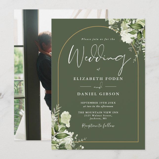 Greenery Gold Arch Photo Olive Green Wedding Invitation (Front/Back)