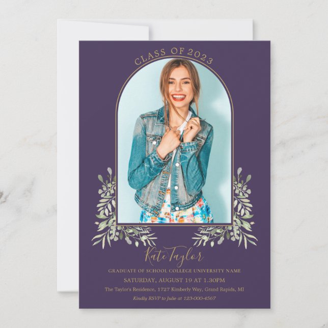 Greenery Gold Arch Purple Photo Graduation Party I Invitation (Front)