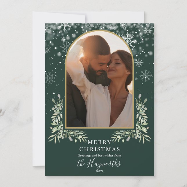 Greenery Gold Arch Script Photo Christmas Holiday Card (Front)