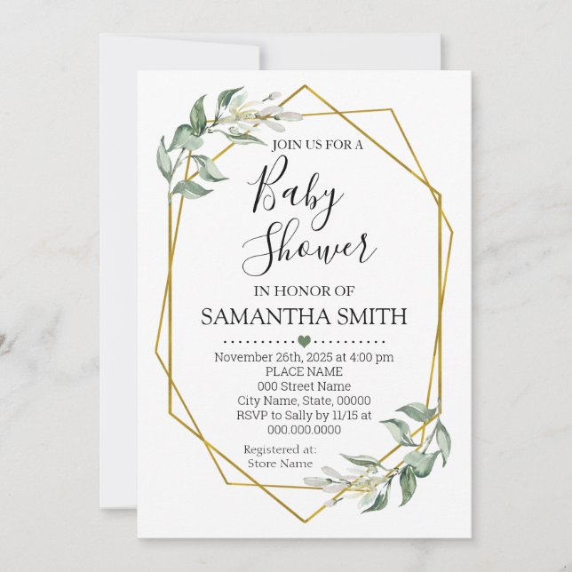 Greenery gold Baby shower Minimalist mum to be Invitation (Front)