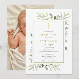Greenery Gold Baptism Christening Photo Invitation