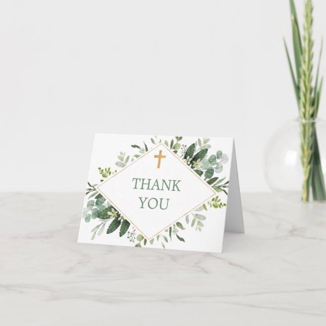 Greenery gold baptism first communion cross thank you card (Front)