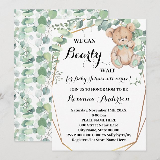 Greenery Gold Bear Baby Shower Bearly wait Baby Invitation (Front/Back)