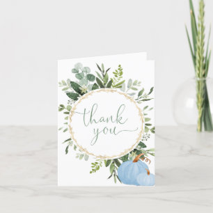Greenery gold blue fall pumpkins thank you card