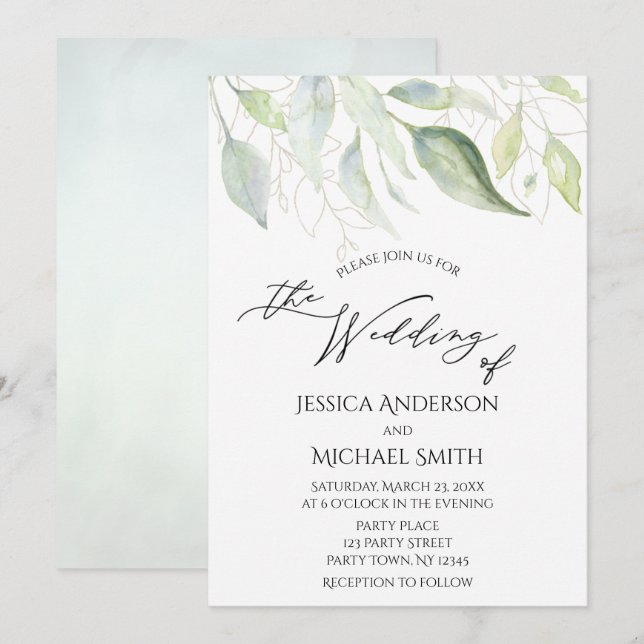 Greenery Gold Botanical Leaves Wedding Card (Front/Back)