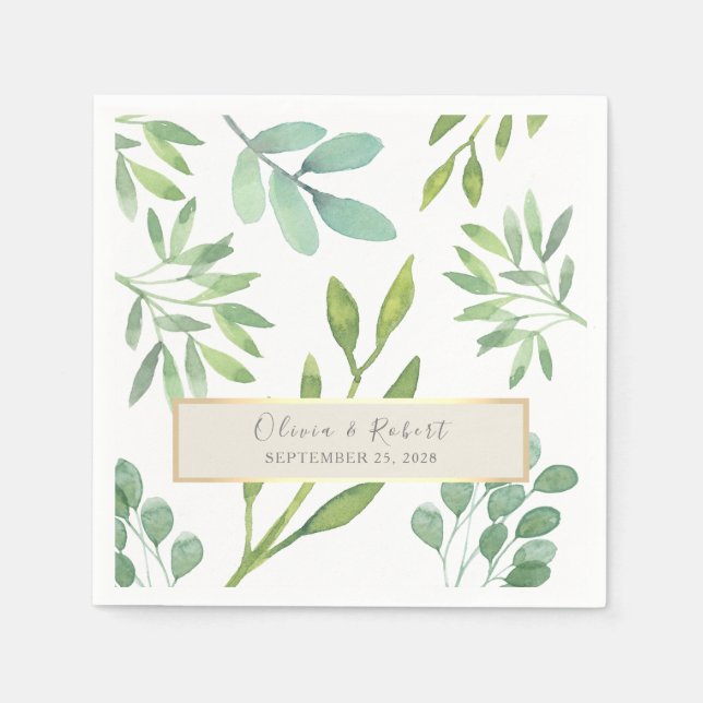 Greenery Gold Botanical Wedding Napkins (Front)