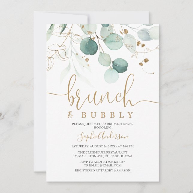 Greenery Gold Brunch & Bubbly Bridal Shower Invitation (Front)