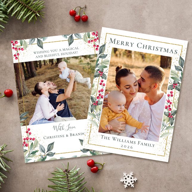 Greenery Gold Christmas Holly Berries 2 Photo Holiday Card (Creator Uploaded)