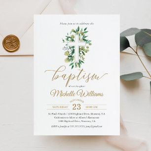 Greenery Gold Colour Calligraphy Baptism Invitation