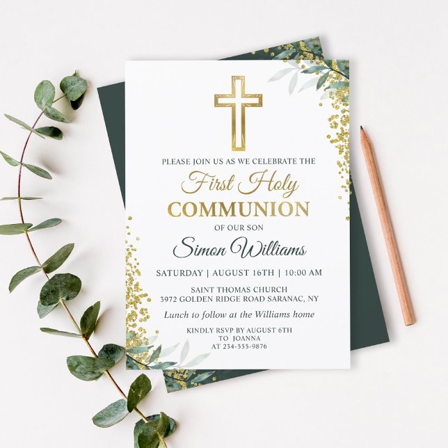 Greenery Gold Cross Glitter First Holy Communion Invitation (Creator Uploaded)