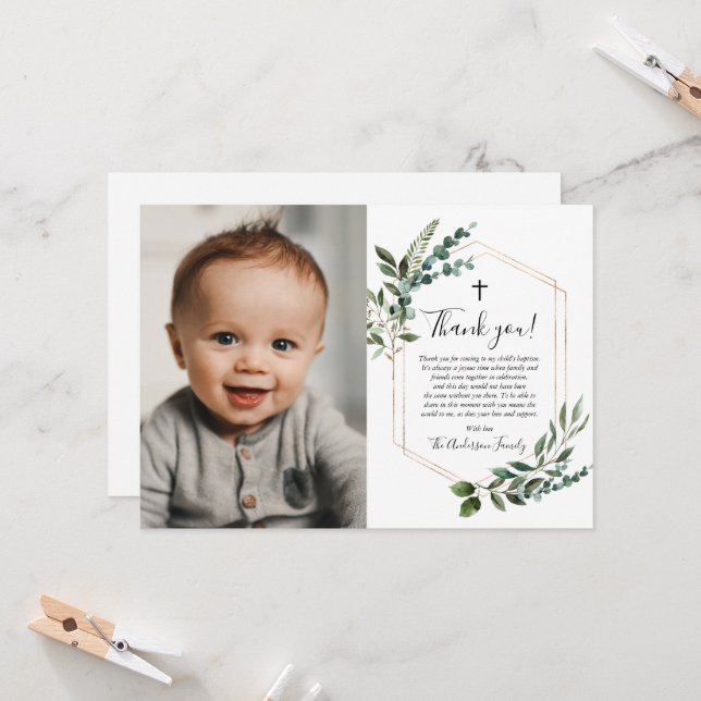 Greenery Gold Cross Photo Baptism Thank You Cards (Front/Back In Situ)