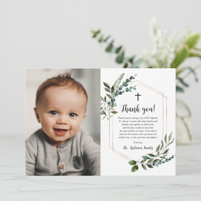 Greenery Gold Cross Photo Baptism Thank You Cards (Standing Front)