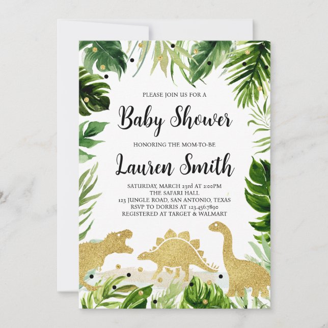Greenery Gold Dinosaur Baby Shower  Invitation (Front)