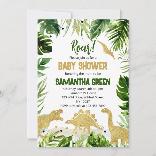 Greenery Gold Dinosaur Baby Shower Invitation (Front)