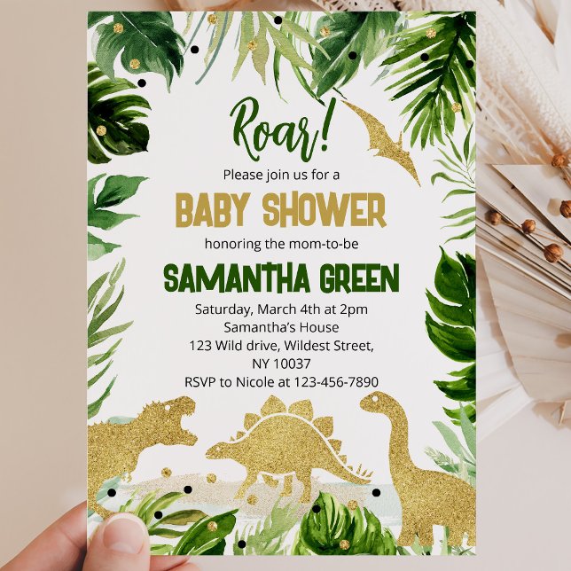 Greenery Gold Dinosaur Baby Shower Invitation (Creator Uploaded)