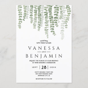 Greenery Gold Elegant Watercolor Boho Leaf Invitation