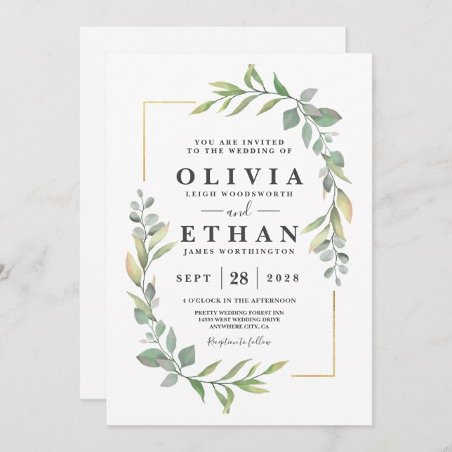 Greenery Gold Elegant Watercolor Boho Leaf Wedding Invitation (Front/Back)