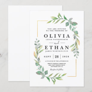 Greenery Gold Elegant Watercolor Boho Leaf Wedding Invitation